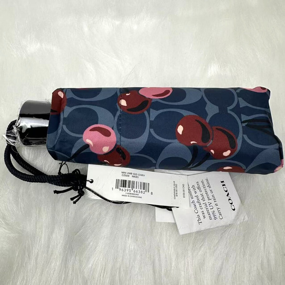 Coach UV Protection Mini Umbrella In Signature Cherry Print Denim NWT CZ929 - Picture 3 of 6